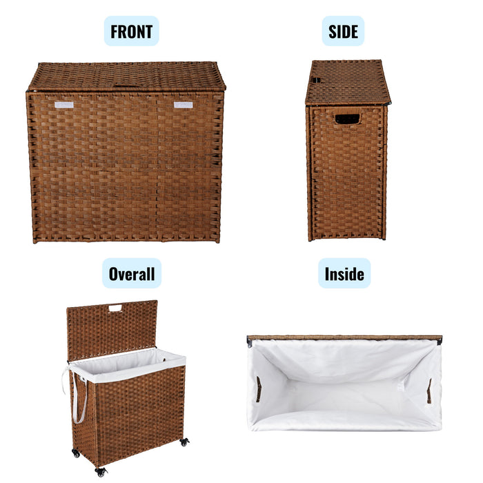 Laundry Hamper With Lid PE Rattan Powder Coating Frame Clothes Hampers With 2 Removable Bags