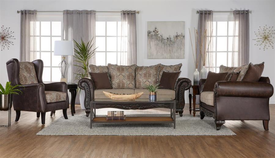 Elmbrook - Upholstered Rolled Arm Sofa With Intricate Wood Carvings - Brown