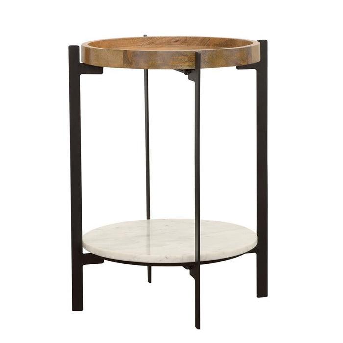 Adhvik - Round Side Table With Marble Shelf - Natural And Black