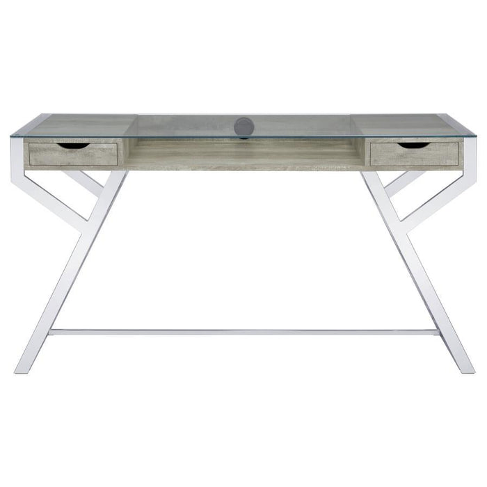 Emelle - 2-Drawer Glass Top Writing Desk - Gray Driftwood And Chrome