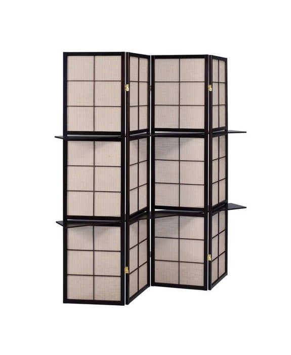 Iggy - Biombo plegable de 4 paneles con estantes extraíbles - Beige