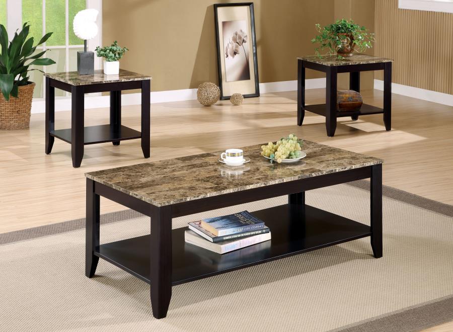 Flores - 3 Piece Faux Marble Top Coffee Table Set - Cappuccino